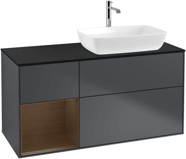 VILLEROY BOCH Toaletní skříňka Finion, s osvětlením, 3 výsuvy, 1200 x 603 x 501 mm, půlnočně modrý matný lak / ořechová dýha / černé matné sklo #F802GNHG, obrázek 1