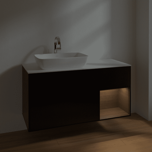 VILLEROY BOCH Toaletní skříňka Finion, s osvětlením, 3 výsuvy, 1200 x 603 x 501 mm, černý matný lak / ořechová dýha / bílé matné sklo #F811GNPD, obrázek 5