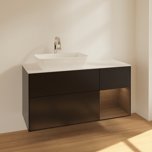 VILLEROY BOCH Toaletní skříňka Finion, s osvětlením, 3 výsuvy, 1200 x 603 x 501 mm, černý matný lak / ořechová dýha / bílé matné sklo #F811GNPD, obrázek 2