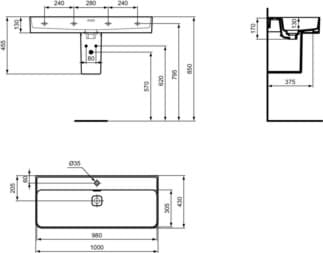 IDEAL STANDARD Umyvadlo Strada II 1000x430 mm, s 1 otvorem pro baterii, s otvorem pro přepad (štěrbinové) #T300201 - Bílá (Alpine), obrázek 4