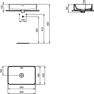 IDEAL STANDARD Strada II umyvadlo na desku 600x400 mm, bez otvoru pro baterii, s otvorem pro přepad (štěrbinové) #T2999MA - Bílá (Alpine) s Ideal Plus, obrázek 5