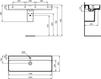 IDEAL STANDARD Umyvadlo Strada II 1200x430 mm, s 1 otvorem pro baterii, s otvorem pro přepad (štěrbinové) #T3006MA - Bílá (Alpine) s Ideal Plus, obrázek 3