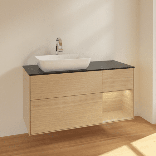 VILLEROY BOCH Toaletní stolek Finion, s osvětlením, 3 výsuvy, 1200 x 603 x 501 mm, dubová dýha / dubová dýha / sklo černé matné #F812PCPC, obrázek 2