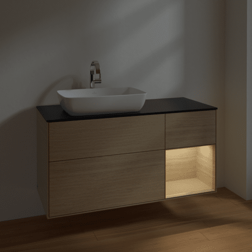VILLEROY BOCH Toaletní stolek Finion, s osvětlením, 3 výsuvy, 1200 x 603 x 501 mm, dubová dýha / dubová dýha / sklo černé matné #F812PCPC, obrázek 5