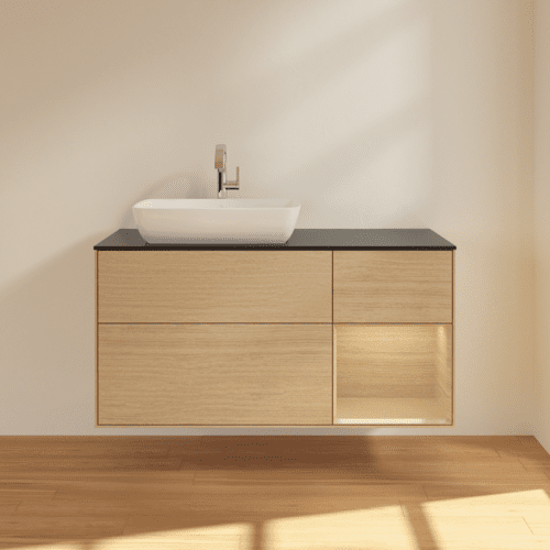 VILLEROY BOCH Toaletní stolek Finion, s osvětlením, 3 výsuvy, 1200 x 603 x 501 mm, dubová dýha / dubová dýha / sklo černé matné #F812PCPC, obrázek 3