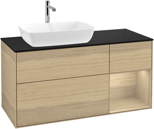 VILLEROY BOCH Toaletní stolek Finion, s osvětlením, 3 výsuvy, 1200 x 603 x 501 mm, dubová dýha / dubová dýha / sklo černé matné #F812PCPC