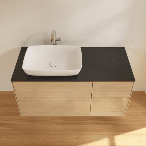 VILLEROY BOCH Toaletní stolek Finion, s osvětlením, 3 výsuvy, 1200 x 603 x 501 mm, dubová dýha / dubová dýha / sklo černé matné #F812PCPC, obrázek 4