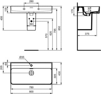 IDEAL STANDARD Umyvadlo Strada II 800x430 mm, leštěné, s 1 otvorem pro baterii, s otvorem pro přepad (štěrbinové) #T364501 - Bílá (Alpine), obrázek 6