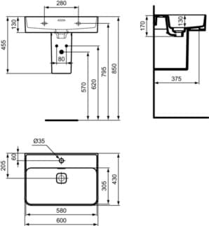 IDEAL STANDARD Umyvadlo Strada II 600x430 mm, leštěné, s 1 otvorem pro baterii, s otvorem pro přepad (štěrbinové) #T364401 - Bílá (Alpine), obrázek 6