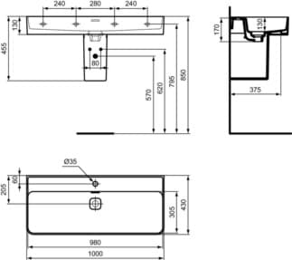 IDEAL STANDARD Umyvadlo Strada II 1000x430 mm, leštěné, s 1 otvorem pro baterii, s otvorem pro přepad (štěrbinové) #T364601 - Bílá (Alpine), obrázek 7