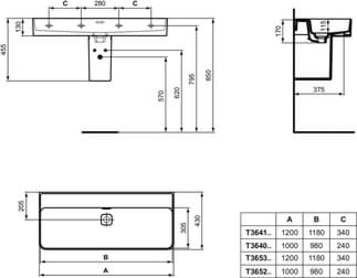 IDEAL STANDARD Umyvadlo Strada II 1200x430 mm, bez otvoru pro baterii, s otvorem pro přepad (štěrbinové) #T3641MA - Bílá (Alpine) s Ideal Plus, obrázek 7