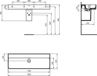 IDEAL STANDARD Umyvadlo Strada II 1200x430 mm, bez otvoru pro baterii, s otvorem pro přepad (štěrbinové) #T3641MA - Bílá (Alpine) s Ideal Plus, obrázek 5