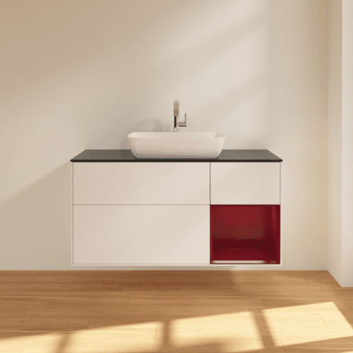 VILLEROY BOCH Toaletní skříňka Finion, s osvětlením, 3 výsuvy, 1200 x 603 x 501 mm, bílý matný lak / pivoňkový matný lak / černé matné sklo #F832HBMT, obrázek 3