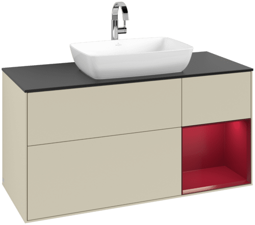 VILLEROY BOCH Toaletní skříňka Finion, s osvětlením, 3 výsuvy, 1200 x 603 x 501 mm, Silk Grey Matt Lacquer / Peony Matt Lacquer / Glass Black Matt #F832HBHJ