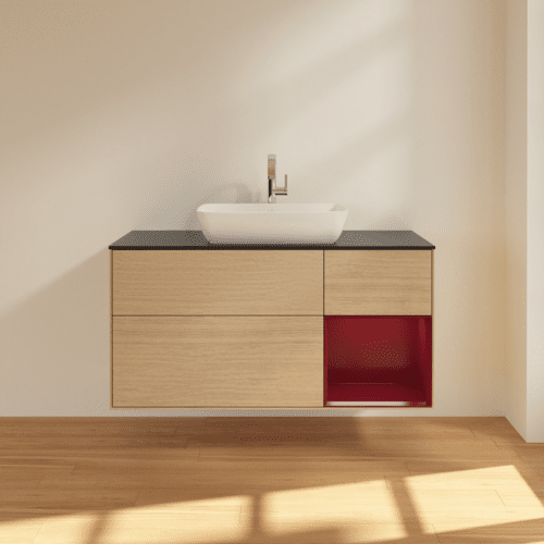 VILLEROY BOCH Toaletní skříňka Finion, s osvětlením, 3 výsuvy, 1200 x 603 x 501 mm, dubová dýha / matný lak Pivoňka / matné černé sklo #F832HBPC, obrázek 3