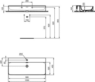 IDEAL STANDARD Umyvadlo Conca 1000x450 mm, leštěné, s 1 otvorem pro baterii, s otvorem pro přepad (štěrbinové) #T383201 - Bílá (Alpine), obrázek 1