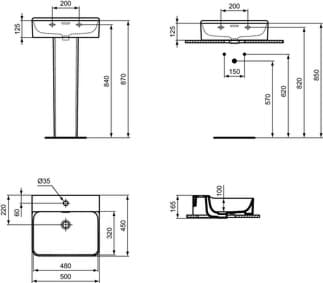 IDEAL STANDARD Umyvadlo Conca 500x450mm, leštěné, s 1 otvorem pro baterii, s otvorem pro přepad (štěrbinové) #T3812MA - Bílá (Alpine) s Ideal Plus, obrázek 6