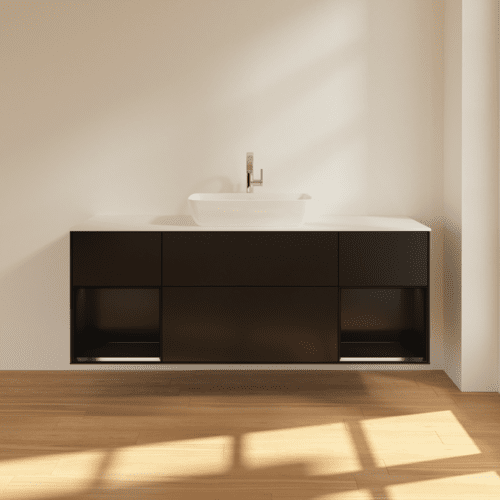 VILLEROY BOCH Toaletní skříňka Finion, s osvětlením, 4 výsuvy, 1600 x 603 x 501 mm, černý matný lak / černý matný lak / sklo bílé matné #F861PDPD, obrázek 3