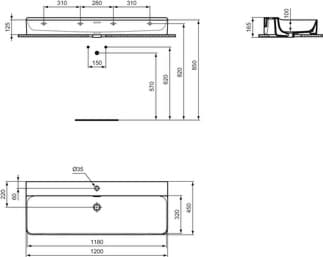 IDEAL STANDARD Umyvadlo Conca 1200x450 mm, s 1 otvorem pro baterii, s otvorem pro přepad (štěrbinové) #T3694MA - Bílá (Alpine) s Ideal Plus, obrázek 2
