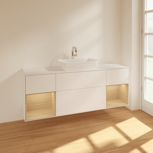 VILLEROY BOCH Toaletní skříňka Finion, s osvětlením, 4 výsuvy, 1600 x 603 x 501 mm, bílý matný lak / dubová dýha / sklo bílé matné #F861PCMT, obrázek 2
