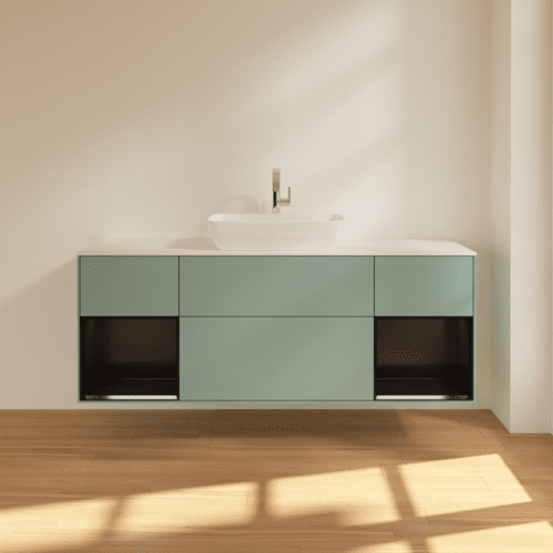 VILLEROY BOCH Toaletní skříňka Finion, s osvětlením, 4 výsuvy, 1600 x 603 x 501 mm, olivový matný lak / černý matný lak / bílé matné sklo #F861PDGM, obrázek 3