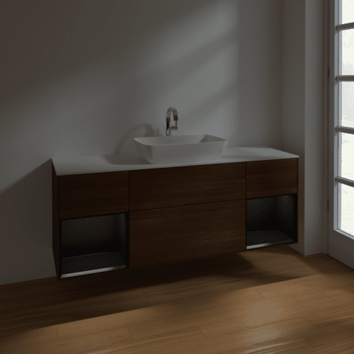 VILLEROY BOCH Toaletní skříňka Finion, s osvětlením, 4 výsuvy, 1600 x 603 x 501 mm, ořechová dýha / černý matný lak / sklo bílé matné #F861PDGN, obrázek 5