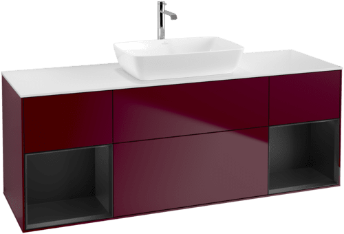 VILLEROY BOCH Toaletní skříňka Finion, s osvětlením, 4 výsuvy, 1600 x 603 x 501 mm, Pivoňka matný lak / Černý matný lak / Sklo bílé matné #F861PDHB