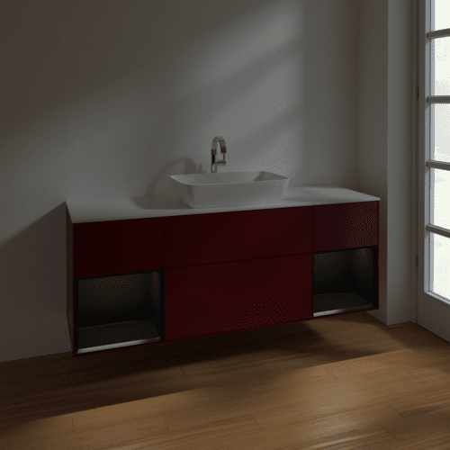 VILLEROY BOCH Toaletní skříňka Finion, s osvětlením, 4 výsuvy, 1600 x 603 x 501 mm, Pivoňka matný lak / Černý matný lak / Sklo bílé matné #F861PDHB, obrázek 5