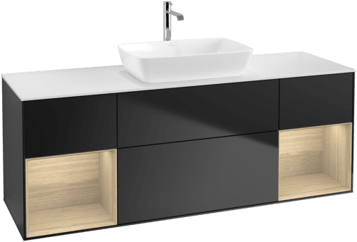 VILLEROY BOCH Toaletní skříňka Finion, s osvětlením, 4 výsuvy, 1600 x 603 x 501 mm, černý matný lak / dubová dýha / sklo bílé matné #F861PCPD, obrázek 1