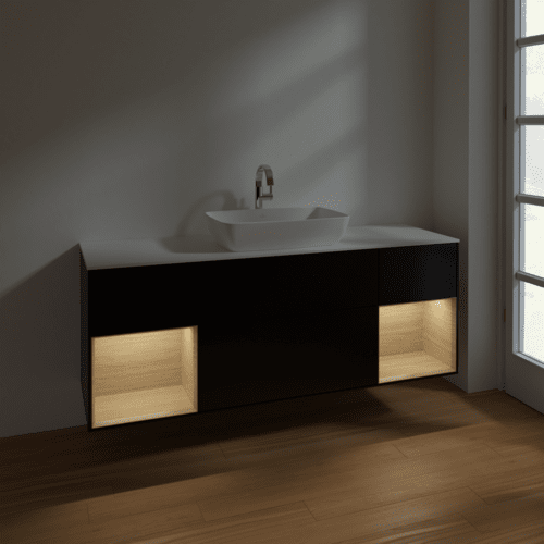 VILLEROY BOCH Toaletní skříňka Finion, s osvětlením, 4 výsuvy, 1600 x 603 x 501 mm, černý matný lak / dubová dýha / sklo bílé matné #F861PCPD, obrázek 5