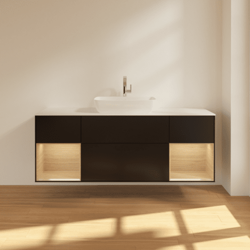 VILLEROY BOCH Toaletní skříňka Finion, s osvětlením, 4 výsuvy, 1600 x 603 x 501 mm, černý matný lak / dubová dýha / sklo bílé matné #F861PCPD, obrázek 3