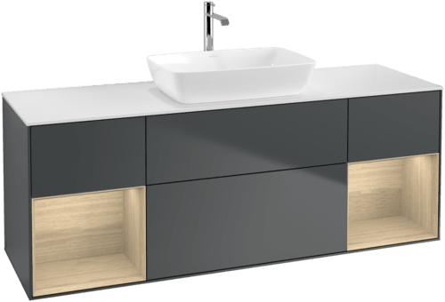 VILLEROY BOCH Toaletní skříňka Finion, s osvětlením, 4 výsuvy, 1600 x 603 x 501 mm, matný lak Midnight Blue / dubová dýha / matné bílé sklo #F861PCHG