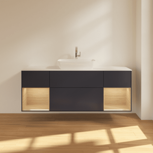 VILLEROY BOCH Toaletní skříňka Finion, s osvětlením, 4 výsuvy, 1600 x 603 x 501 mm, matný lak Midnight Blue / dubová dýha / matné bílé sklo #F861PCHG, obrázek 3