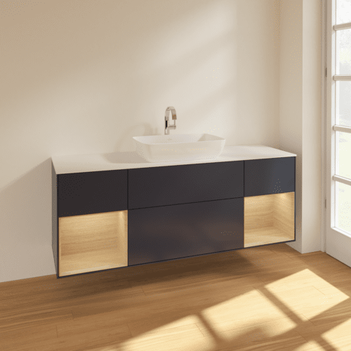VILLEROY BOCH Toaletní skříňka Finion, s osvětlením, 4 výsuvy, 1600 x 603 x 501 mm, matný lak Midnight Blue / dubová dýha / matné bílé sklo #F861PCHG, obrázek 2