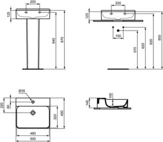 IDEAL STANDARD Umyvadlo Conca 500x450mm, s 1 otvorem pro baterii, bez přepadu #T3785MA - Bílá (Alpine) s Ideal Plus, obrázek 1