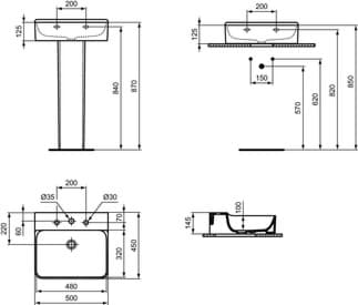 IDEAL STANDARD Umyvadlo Conca 500x450mm, se 3 otvory pro baterie, bez přepadu #T3786MA - Bílá (Alpine) s Ideal Plus, obrázek 6