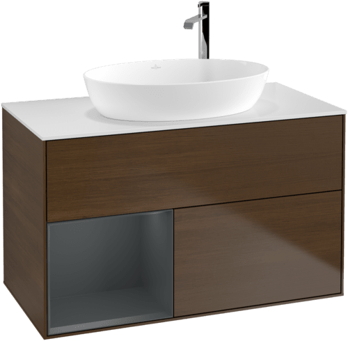 VILLEROY BOCH Toaletní skříňka Finion, s osvětlením, 2 výsuvy, 1000 x 603 x 501 mm, ořechová dýha / půlnočně modrý matný lak / sklo bílé matné #F891HGGN, obrázek 1
