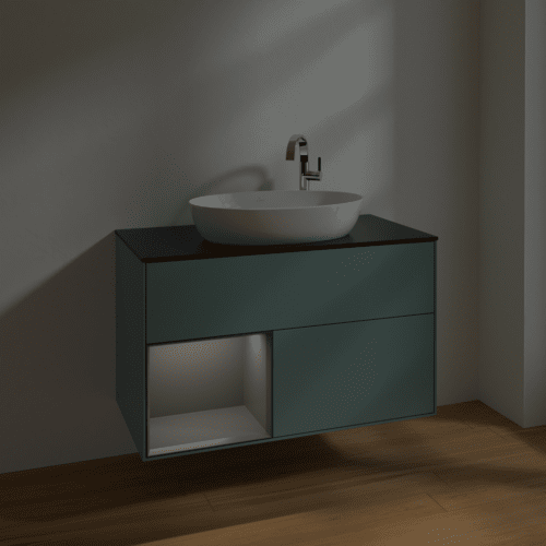 VILLEROY BOCH Toaletní skříňka Finion, s osvětlením, 2 výsuvy, 1000 x 603 x 501 mm, olivový matný lak / antracitový matný lak / černé matné sklo #F892GKGM, obrázek 5