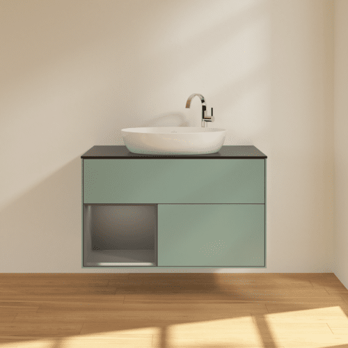 VILLEROY BOCH Toaletní skříňka Finion, s osvětlením, 2 výsuvy, 1000 x 603 x 501 mm, olivový matný lak / antracitový matný lak / černé matné sklo #F892GKGM, obrázek 3