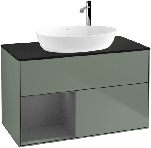 VILLEROY BOCH Toaletní skříňka Finion, s osvětlením, 2 výsuvy, 1000 x 603 x 501 mm, olivový matný lak / antracitový matný lak / černé matné sklo #F892GKGM, obrázek 1