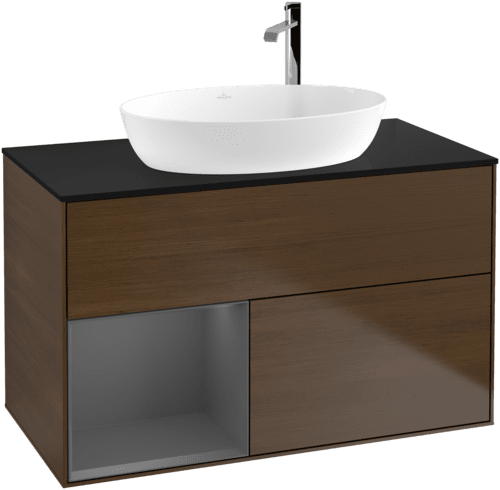 VILLEROY BOCH Toaletní stolek Finion, s osvětlením, 2 výsuvy, 1000 x 603 x 501 mm, ořechová dýha / antracitový matný lak / černé matné sklo #F892GKGN, obrázek 1