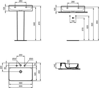 IDEAL STANDARD Umyvadlo Conca 600x450 mm, leštěné, se 3 otvory pro baterie, bez přepadu #T382401 - Bílá (Alpine), obrázek 3