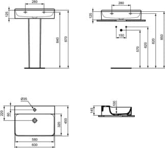 IDEAL STANDARD Umyvadlo Conca 600x450 mm, leštěné, s 1 otvorem pro baterii, bez přepadu #T3823MA - Bílá (Alpine) s Ideal Plus, obrázek 4