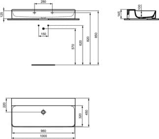 IDEAL STANDARD Umyvadlo Conca 1000x450mm, leštěné, bez otvoru pro baterii, bez přepadu #T383701 - Bílá (Alpine), obrázek 1
