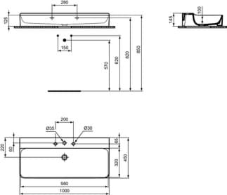 IDEAL STANDARD Umyvadlo Conca 1000x450 mm, se 3 otvory pro baterii, bez přepadu #T380101 - Bílá (Alpine), obrázek 1