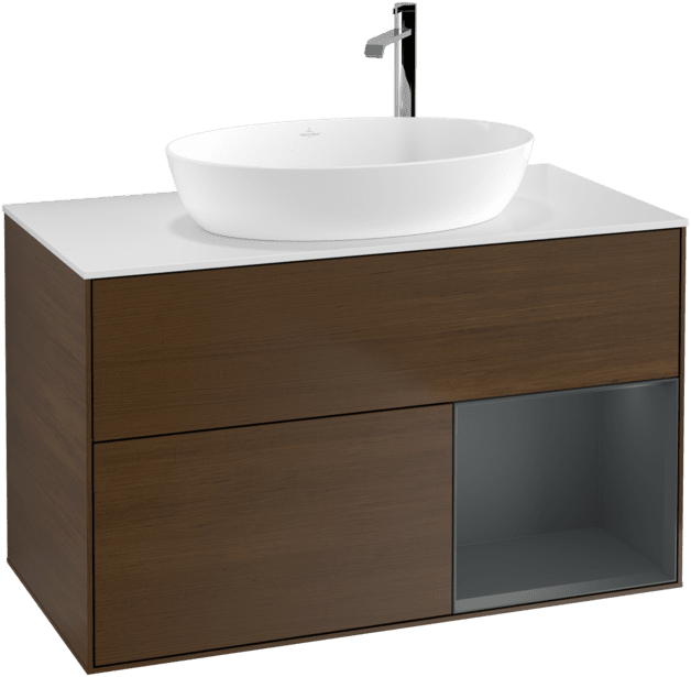 VILLEROY BOCH Toaletní skříňka Finion, s osvětlením, 2 výsuvy, 1000 x 603 x 501 mm, ořechová dýha / půlnočně modrý matný lak / sklo bílé matné #F901HGGN
