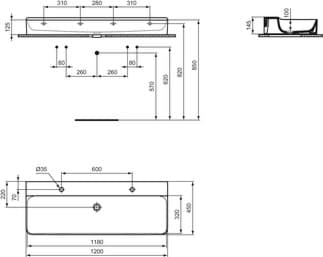 IDEAL STANDARD Umyvadlo Conca 1200x450 mm, leštěné, s 1 otvorem pro baterii na umyvadlo, bez přepadu #T384401 - Bílá (Alpine), obrázek 4