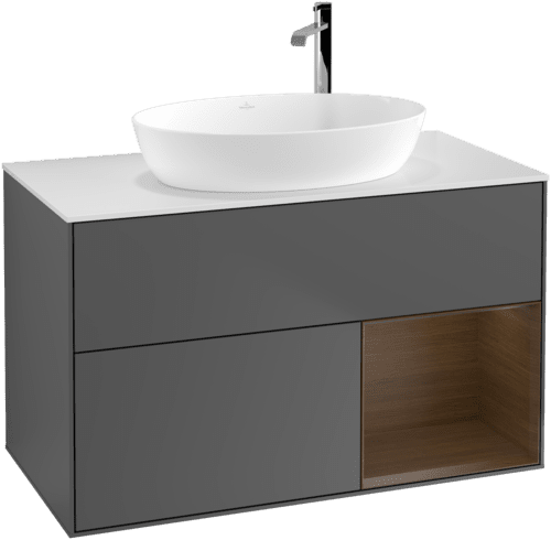 VILLEROY BOCH Toaletní skříňka Finion, s osvětlením, 2 výsuvy, 1000 x 603 x 501 mm, antracit matný lak / ořechová dýha / sklo bílé matné #F901GNGK, obrázek 1