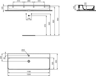 IDEAL STANDARD Umyvadlo Conca 1200x450 mm, s 1 otvorem pro baterii, bez přepadu #T3806MA - Bílá (Alpine) s Ideal Plus, obrázek 4