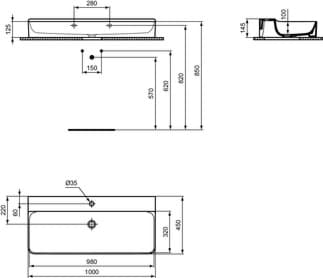 IDEAL STANDARD Umyvadlo Conca 1000x450 mm, leštěné, s 1 otvorem pro baterii, bez přepadu #T383501 - Bílá (Alpine), obrázek 2